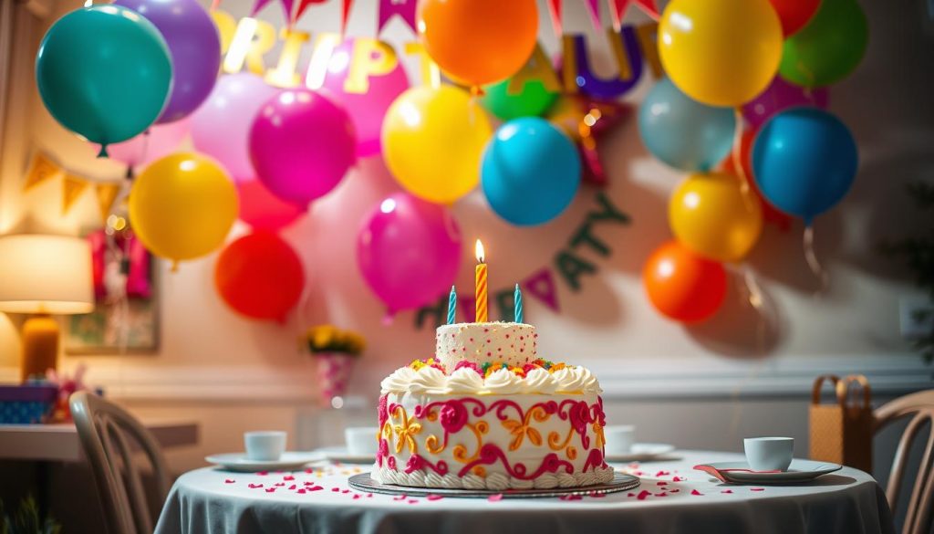 A beautifully decorated birthday cake with a vibrant, golden candle on top, surrounded by an array of colorful balloons floating in a warm, soft-lit room. The table is set with a crisp white tablecloth, delicate china, and a scattering of party favors. The walls are adorned with cheerful birthday banners and streamers, casting a festive glow. The scene is captured with a shallow depth of field, emphasizing the detailed textures and rich, inviting colors that evoke a sense of joy and celebration.