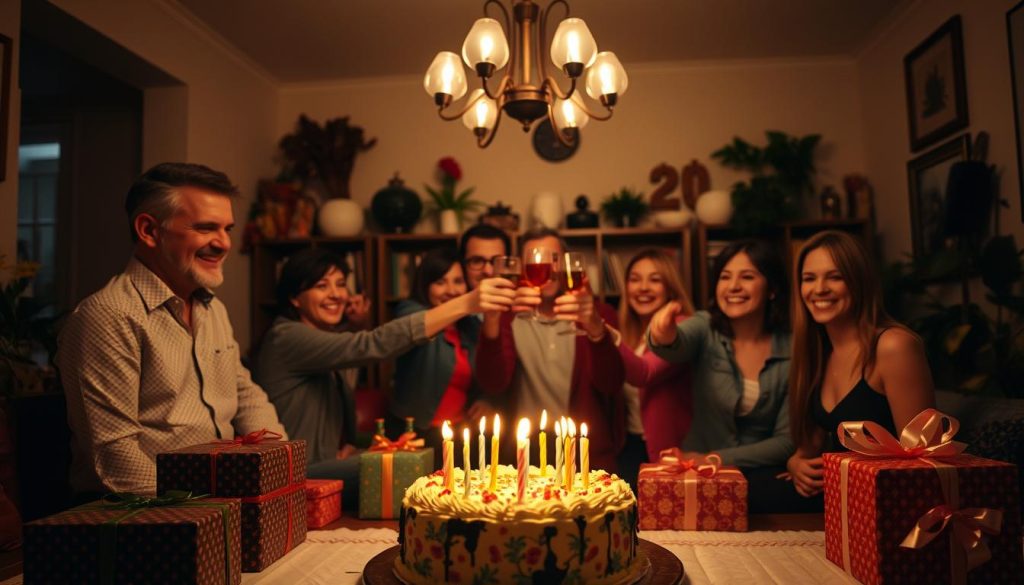 A birthday celebration in a cozy, dimly lit room. Soft, warm lighting from a chandelier above casts a gentle glow over the scene. In the foreground, a beautifully decorated birthday cake with lit candles takes center stage, surrounded by colorful presents wrapped in shimmering paper. In the middle ground, a group of smiling friends and family gathered around the table, raising their glasses in a toast. The background features a bookshelf, potted plants, and other personal touches, creating a intimate, homely atmosphere. The mood is one of joy, celebration, and togetherness.