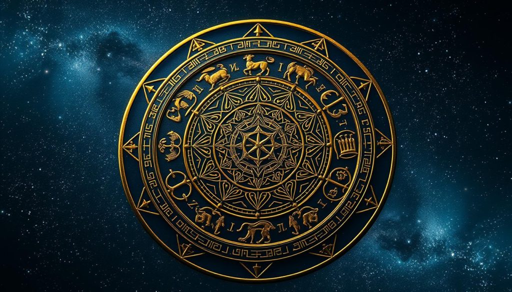 A breathtaking, hyperrealistic zodiac mandala set against a celestial backdrop. The foreground features a detailed, meticulously crafted zodiac symbol composed of intricate, gilded lines and geometric patterns. The middle ground showcases the twelve zodiac signs, each represented with stunning realism and a unique, emblematic design. In the background, a mesmerizing night sky unfolds, dotted with twinkling stars and a luminous, ethereal glow. Dramatic chiaroscuro lighting casts dramatic shadows, adding depth and dimension. The overall composition evokes a sense of timeless mysticism and astrological wonder, perfectly suited to highlight the key facts of November 14, 2025.