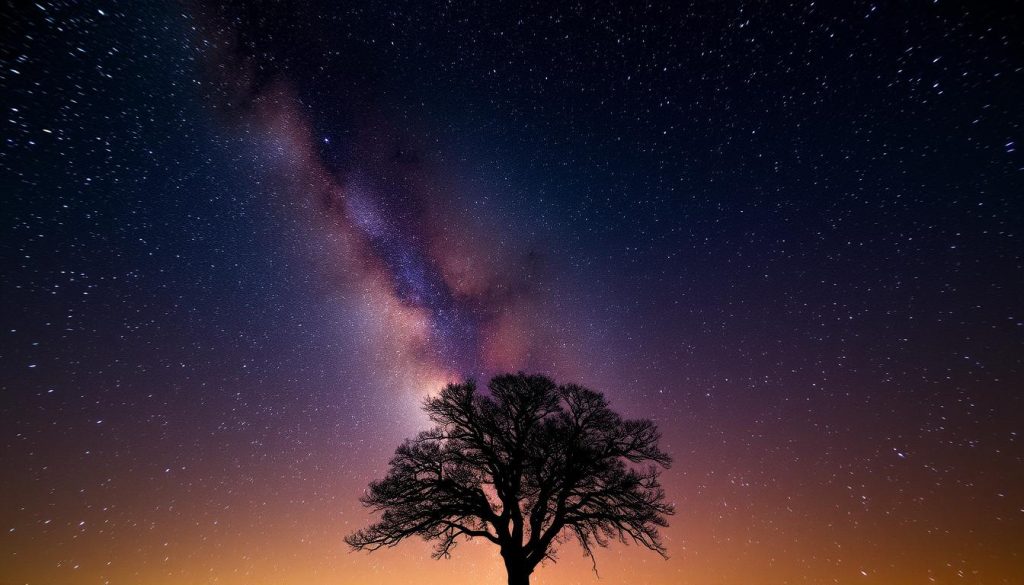 A breathtaking night sky, dotted with millions of twinkling stars that shimmer and dance. The Milky Way stretches across the frame, a mesmerizing ribbon of celestial light. In the foreground, a lone tree stands silhouetted against the luminous heavens, its branches reaching up as if to touch the stars. The scene is bathed in a soft, warm glow, creating a serene and contemplative atmosphere. The camera angle is slightly elevated, allowing the viewer to feel immersed in the vastness of the cosmos. This image captures the timeless beauty and wonder of the night sky, inviting the observer to pause and reflect on the energy and mystery of the universe.