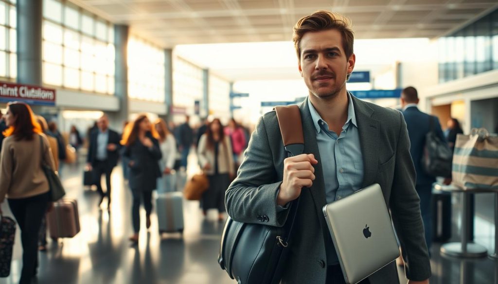 A business traveler in a modern airport terminal, rushing through bustling crowds with a sleek carry-on suitcase and a laptop bag slung over their shoulder. Soft, warm lighting filters in through large windows, casting a tranquil glow on the scene. The traveler's face is slightly blurred, conveying a sense of hurried yet focused determination. In the background, rows of departure gates and airport amenities create a sense of place, while the atmosphere evokes the energetic yet slightly stressful nature of work-related travel.