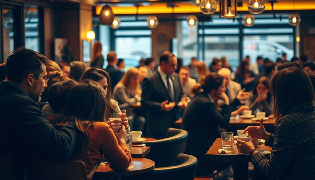 A bustling café setting, with people engaged in lively conversations over steaming cups of coffee. The warm, cozy lighting casts a soft glow, creating an atmosphere of intimate connection. In the foreground, a group of friends huddle around a table, their animated gestures and expressions suggesting a deep, meaningful dialogue. In the middle ground, professionals in business attire are networking, exchanging cards and ideas with a sense of purpose. The background is filled with the gentle hum of activity, with patrons seated at various tables, each lost in their own meaningful exchanges. The scene captures the essence of "Conversations and connections: behind-the-scenes help and networking", where ideas flow freely, and new relationships are forged.