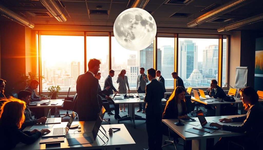 A bustling office space under a warm, golden-hued lighting, with a large window offering a view of a vibrant cityscape in the background. In the foreground, a group of professionals in smart business attire are intently focused on their work, laptops and documents spread across their desks. The middle ground features a team collaborating around a conference table, engaged in a lively discussion. Conveying a sense of productivity, innovation, and the dynamic nature of modern work under the influence of a Leo Moon.