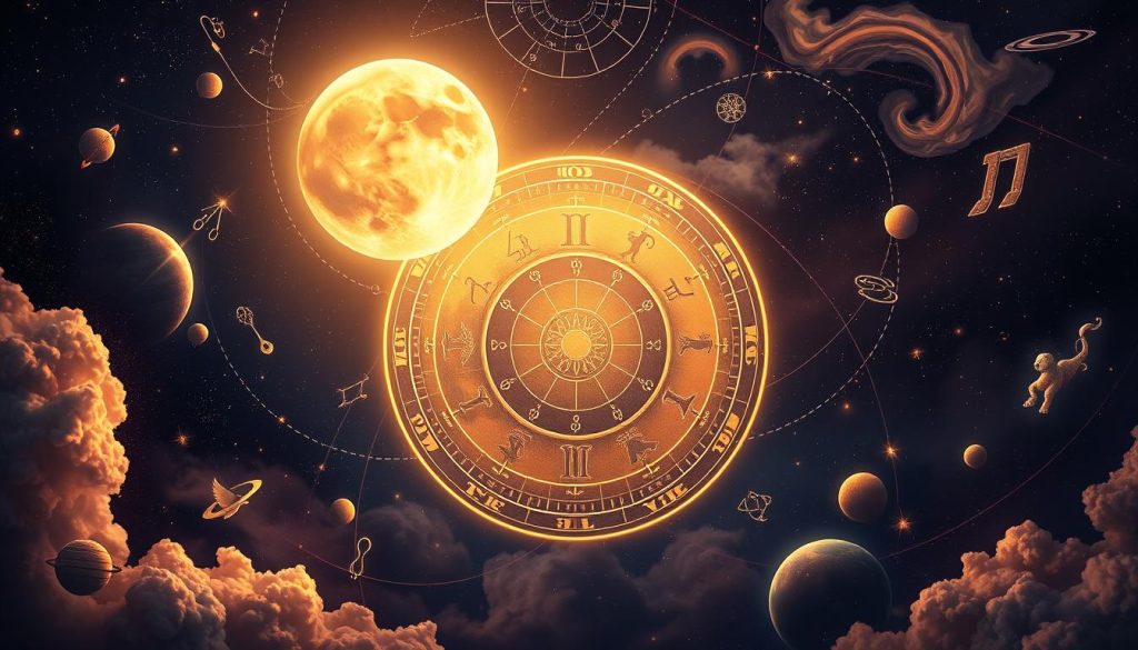 A captivating and detailed astrological illustration showcasing the symbols and celestial elements of western astrology. In the foreground, a luminous, full moon casts its ethereal glow, surrounded by a swirling array of astrological signs, planets, and constellations rendered in a rich, jewel-toned palette. The middle ground features a zodiac wheel, its segments elegantly delineated, with each sign represented by its iconic mythological figure. In the background, a starry night sky provides a dramatic, otherworldly backdrop, with wispy clouds and wisps of cosmic energy adding depth and mystery to the scene. Lighting is soft and diffuse, creating a serene, contemplative atmosphere that invites the viewer to ponder the timeless mysteries of the heavens.