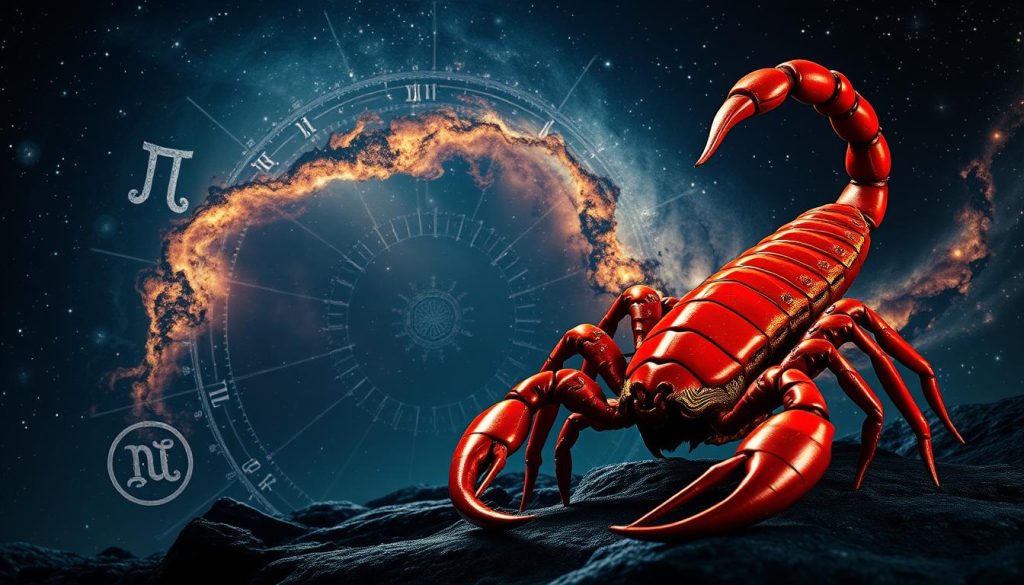 A captivating astrological illustration depicting the Scorpio horoscope. In the foreground, a powerful scorpion stands resolute, its crimson shell gleaming under a starlit night sky. The middle ground features a zodiac wheel, its symbols emblazoned in intricate detail, while the background showcases a mystical, swirling galaxy, casting a celestial glow upon the scene. Lighting is dramatic, with chiaroscuro effects highlighting the scorpion's menacing form. The overall mood is one of mysticism, intensity, and the alluring pull of the unknown. This image perfectly encapsulates the Scorpio's magnetic personality and the insights it offers for the astrological forecast.