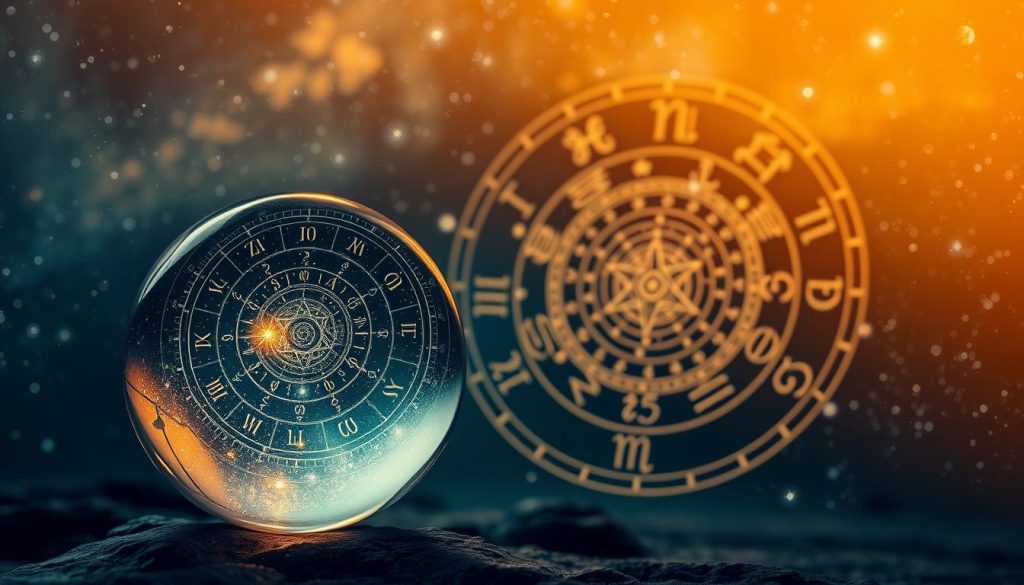 A celestial composition depicting the mystical realm of astrology. In the foreground, a crystal ball reflecting the positions of the planets and stars, illuminated by a warm, golden light. In the middle ground, intricate zodiac symbols and astrological glyphs swirl in a cosmic dance, their ancient meanings etched in the darkness. The background reveals a vast, starry sky, hinting at the infinite mysteries of the universe. The scene is captured with a wide-angle lens, creating a sense of depth and wonder, inviting the viewer to gaze into the enchanting tapestry of astrology.