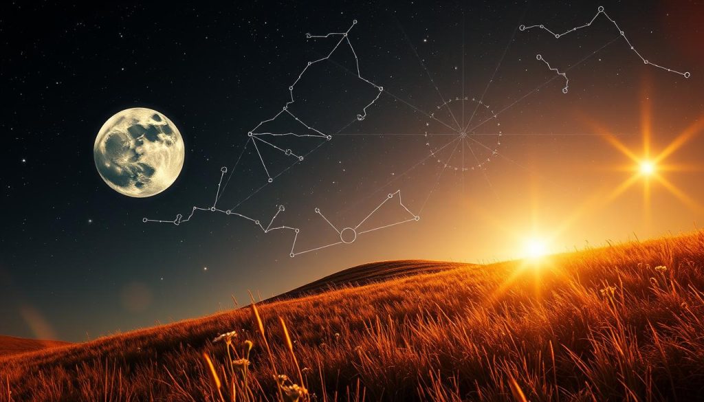A celestial landscape with the Sagittarius constellation in the night sky, illuminated by a full moon. In the foreground, a hand-drawn horoscope wheel with the Sagittarius symbol prominently displayed, surrounded by astrological symbols and elements. The middle ground features a rolling, grassy hill dotted with wildflowers. Warm, golden lighting casts a serene, mystical atmosphere, while subtle lens flares add depth and drama. The overall composition conveys a sense of wonder and introspection, fitting for the horoscope theme.