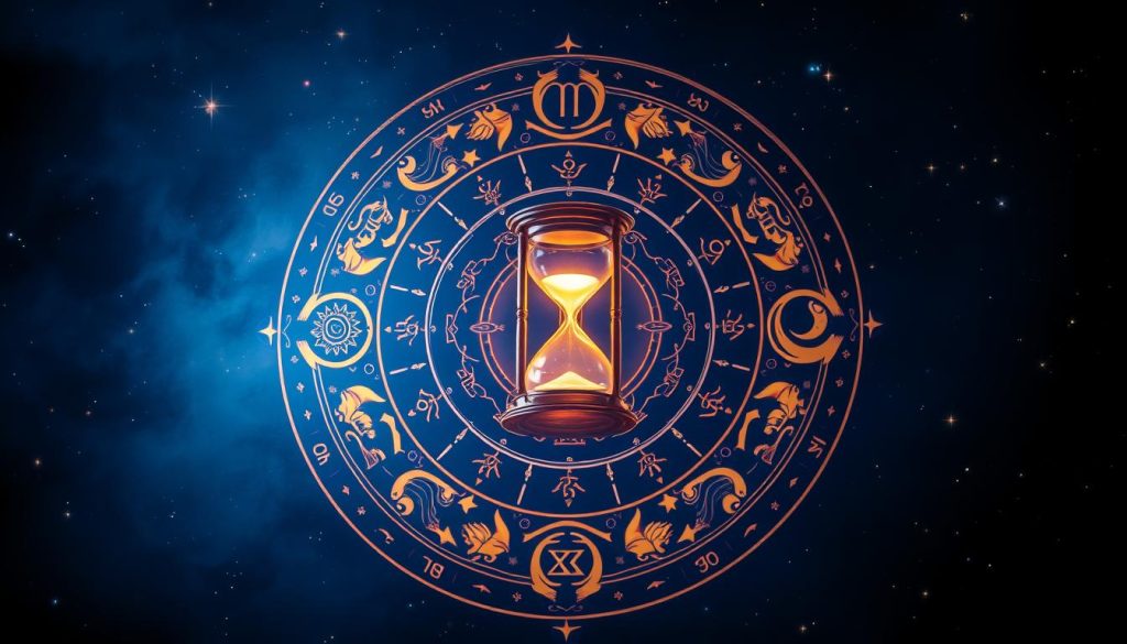 A celestial mandala of astrological symbols, set against a deep indigo sky. Glowing stars and planets form the backdrop, as the zodiac signs dance around the central hourglass, representing the passage of time. Ornate iconography of the sun, moon, planets, and their ruling elements are intricately detailed, casting a warm, mystical glow. The composition is balanced and symmetrical, evoking a sense of cosmic harmony and the cyclical nature of celestial events. The lighting is atmospheric, with dramatic chiaroscuro effects highlighting the intricate details. Soft, diffused edges blend the elements together, creating a dreamlike, esoteric ambiance.