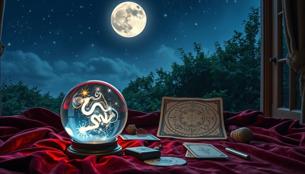 A cozy astrological forecast scene on a clear night sky, illuminated by a full moon and glowing stars. In the foreground, a crystal ball rests on a plush, velvet-draped table, its interior swirling with mystic energy. Surrounding the crystal ball are tarot cards, runes, and other divination tools. In the middle ground, a horoscope chart is displayed, with zodiac symbols and celestial patterns. In the background, a lush, verdant garden is visible through a large window, adding a sense of tranquility and natural wonder. The overall mood is one of introspection, mystery, and the promise of insights into the future.