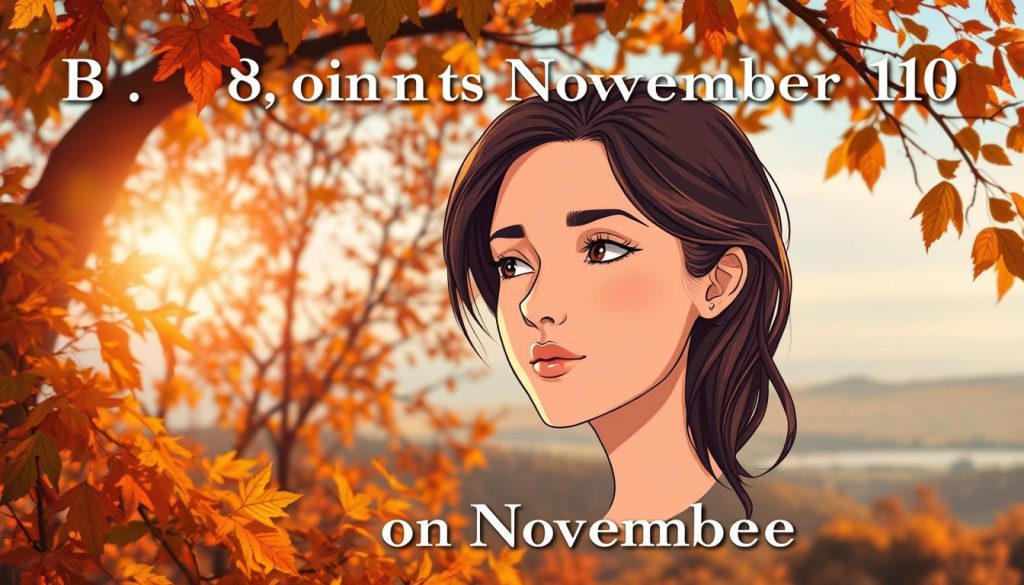 A cozy autumn scene, with lush foliage and a warm, golden light. In the foreground, a beautifully detailed illustration of a person's face, their expression serene and contemplative, as if deep in thought. The person's features are delicately rendered, with fine details in the skin, eyes, and hair. In the background, a soft, blurred landscape, hinting at the passing of the seasons and the cycle of life. The overall composition is balanced and harmonious, creating a sense of introspection and quiet reflection, suitable for the "Born on November 10" theme.