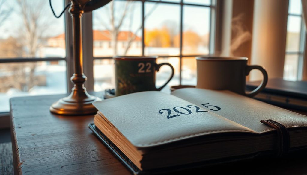 A cozy, autumn-tinged scene of a date snapshot on November 22, 2025. In the foreground, a classic leather-bound journal rests on a wooden table, its pages turned to reveal the date "22 November 2025". Nearby, a steaming mug of coffee sits alongside a vintage brass desk lamp, casting a warm, golden glow. In the middle ground, a window overlooks a crisp, clear day outside, with vibrant fall foliage visible in the distance. The scene is bathed in soft, natural lighting, conveying a sense of reflection, tranquility, and the quiet contemplation of an important historical date.