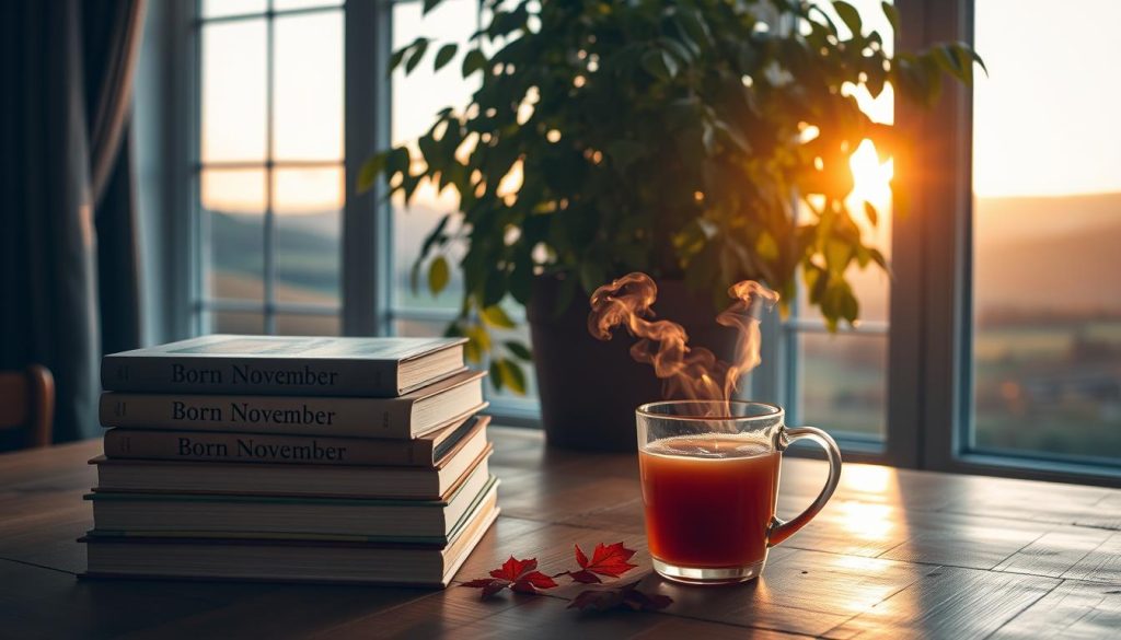 A cozy, autumnal scene depicting a "Born November" theme. In the foreground, a stack of books sits on a wooden table, their spines emblazoned with the words "Born November." Beside them, a steaming mug of hot cider emits wisps of steam. The middle ground features a large, lush potted plant, its vibrant leaves hinting at the changing seasons. In the background, a window overlooks a landscape of rolling hills, bathed in the warm glow of a setting sun, casting a serene and contemplative mood. The lighting is soft and diffused, creating a sense of comfort and tranquility. The overall composition evokes a feeling of reflection and the passage of time.