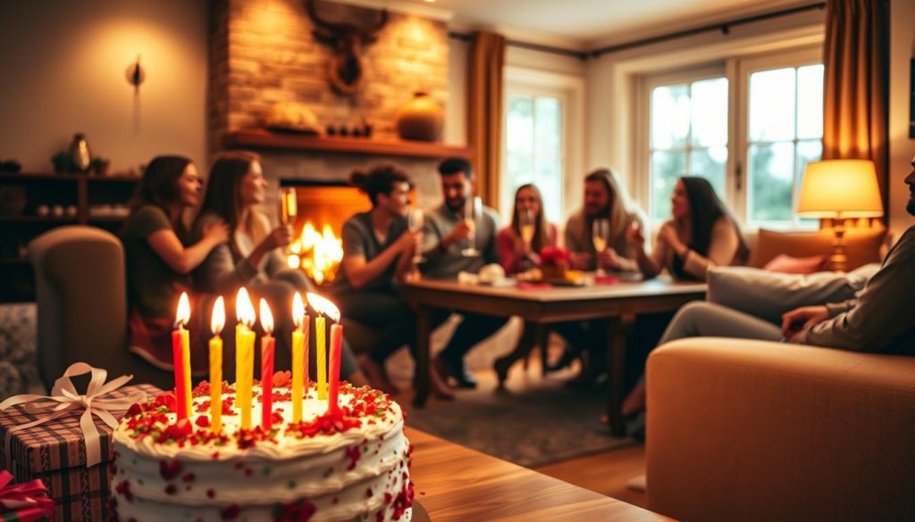 A cozy birthday celebration in a warm, inviting living room. In the foreground, a beautifully decorated birthday cake with lit candles, surrounded by gifts wrapped in vibrant paper. In the middle ground, a group of friends and family gathered around a wooden table, laughing and toasting with champagne flutes. The background features a crackling fireplace, casting a soft, golden glow, and large windows that let in the evening light. The scene is filled with a sense of joy, togetherness, and the anticipation of celebrating a special day. Soft, diffused lighting creates a intimate, atmospheric mood.