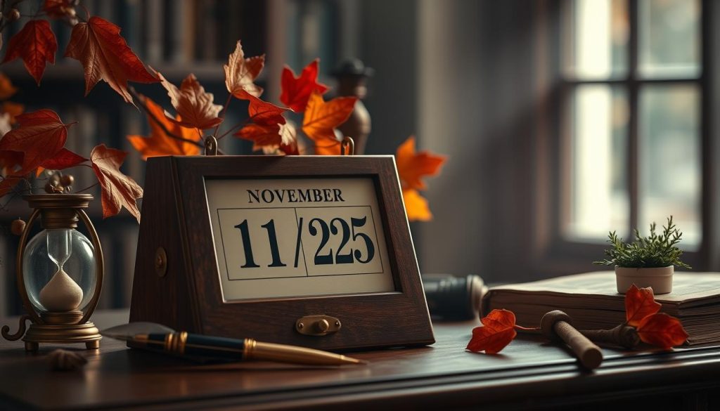 A cozy November day, with a warm autumn glow casting a soft light over a vintage desk calendar displaying the date "November 17, 2025". The calendar's wood-framed design and antique brass accents evoke a sense of timeless elegance. The desktop is adorned with a few carefully placed items, such as a quill pen, an hourglass, and a small potted plant, creating a contemplative and scholarly atmosphere. The background is hazy, with a hint of a bookshelf or windowsill visible, further emphasizing the tranquil, study-like setting.