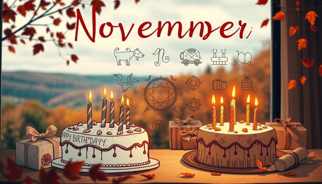 A cozy November scene with a warm, autumnal glow. In the foreground, a hand-drawn illustration of a birthday cake with lighted candles, surrounded by a variety of birthday gifts wrapped in festive paper. In the middle ground, a selection of zodiac symbols and astrological elements to represent the horoscope theme, rendered in a vintage, hand-crafted style. The background features a softly blurred landscape of fall foliage and a gentle, cloudy sky, creating a sense of contemplation and nostalgia. Lighting is natural and diffused, with a muted color palette of oranges, reds, and blues. The overall mood is one of celebration, introspection, and a reverence for the cycles of time.