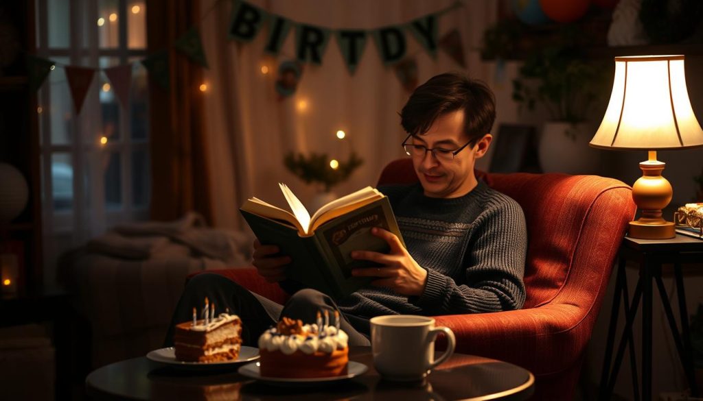 A cozy scene of a person reading a book on their birthday, surrounded by festive decorations and a warm, inviting atmosphere. The reader is seated in a comfortable armchair, a slice of birthday cake and a mug of steaming tea or coffee on a side table. Soft, diffused lighting from a nearby lamp casts a gentle glow, and the background is filled with touches of celebration - perhaps a birthday banner, balloons, or streamers. The overall mood is one of relaxation, reflection, and the simple pleasures of a birthday spent in quiet contemplation.