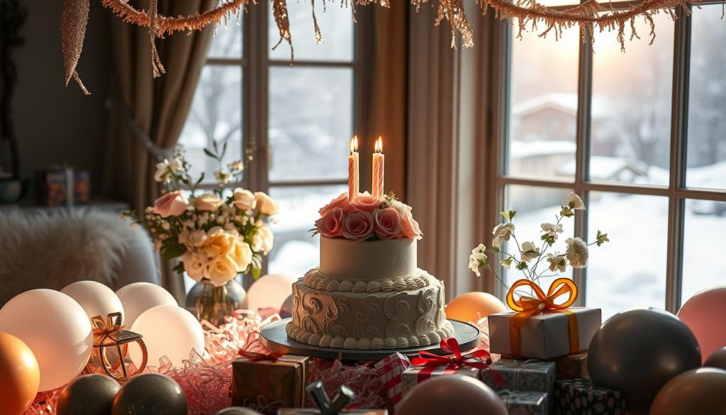 A cozy, warm-lit indoor scene with a birthday cake at the center, surrounded by elegant floral arrangements in soft pastel shades. In the background, a large window overlooks a snowy winter landscape, casting a gentle glow. The foreground is filled with festive party decor - glittering streamers, colorful balloons, and a scattering of birthday gifts wrapped in shimmering paper. The overall mood is one of joyful celebration, perfect for a personal birthday horoscope reading on a cold January day.