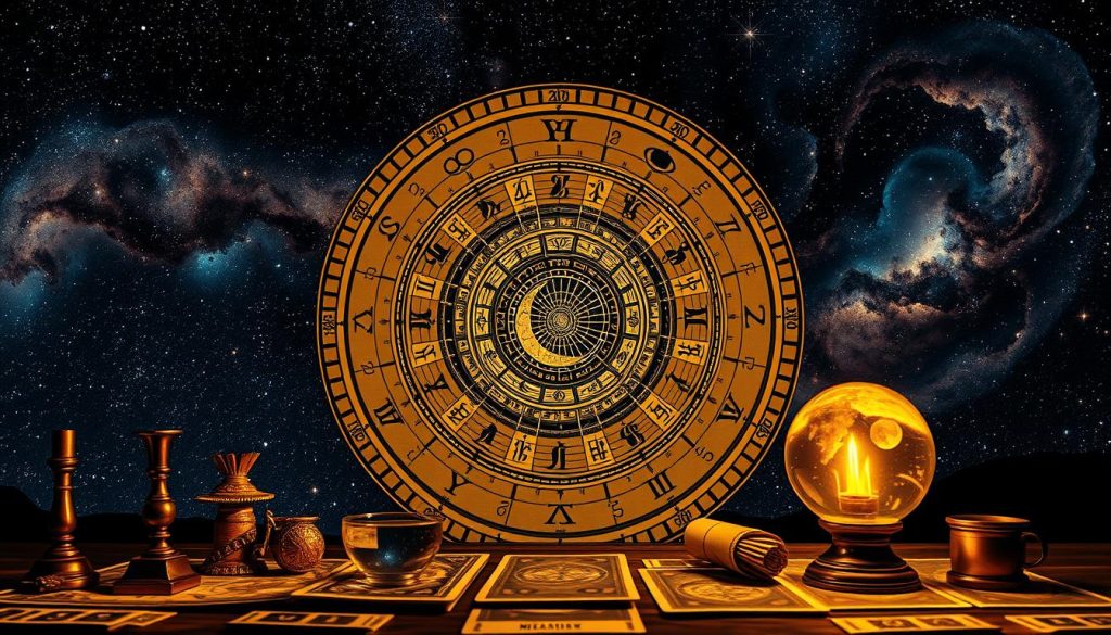 A detailed astrological chart against a starry night sky, with a horoscope wheel at the center. The chart features planetary symbols, zodiac signs, and intricate celestial patterns. The scene is bathed in a warm, mystical glow, creating an air of divination and ancient wisdom. The foreground shows a crystal ball, tarot cards, and other occult symbols, hinting at the esoteric nature of the horoscope. The middle ground depicts a crescent moon, surrounded by wispy clouds and twinkling stars. In the background, a panoramic view of the night sky, with swirling galaxies and nebulae, adding a sense of cosmic grandeur to the scene.