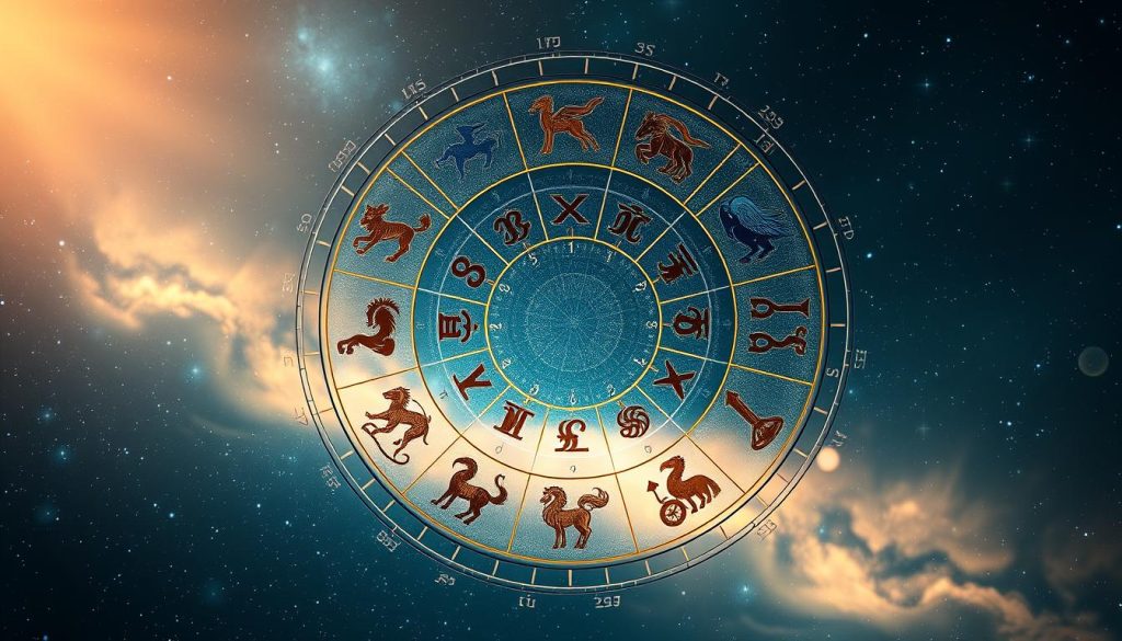A detailed astrological chart depicting the twelve zodiac signs, floating ethereally against a celestial backdrop. The signs are meticulously illustrated, each with its distinctive symbol and color scheme, arranged in a circular formation. Soft, diffused lighting bathes the scene, creating an otherworldly, mystical atmosphere. The overall composition conveys a sense of harmony, balance, and the interconnectedness of the zodiacal system. A visually captivating representation of the zodiac, suitable for illustrating the "Zodiac, Day, and Fast Facts" section of the article.