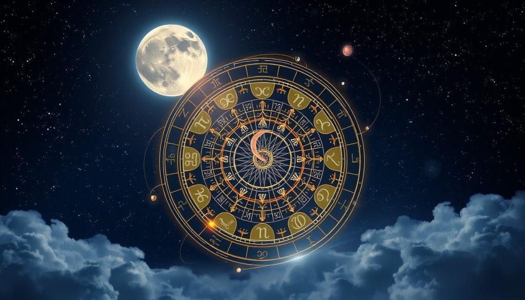 A detailed, astrological forecast displayed against a night sky backdrop, with a full moon and twinkling stars. In the center, a zodiac wheel with the 12 astrological signs arranged around the perimeter. Planets and celestial bodies orbit the wheel, casting an ethereal glow. Intricate, swirling energy lines emanate from the center, connecting the signs and planets. The overall mood is mystical, serene, and contemplative, inviting the viewer to ponder the cosmic forces shaping their destiny on this particular day.
