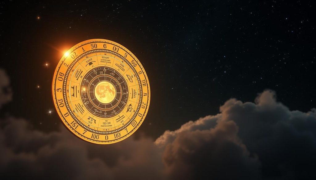 A detailed birth date natal chart floating in a serene, ethereal atmosphere. In the foreground, a mystical circular diagram illuminated by a soft, warm glow, depicting planetary positions and astrological symbols. In the middle ground, shimmering celestial orbs and wispy clouds, creating a sense of cosmic wonder. In the background, a deep, inky night sky dotted with twinkling stars, conveying the vastness of the universe and the interconnectedness of all things. The overall mood is one of introspection, personal growth, and the unfolding of destiny.