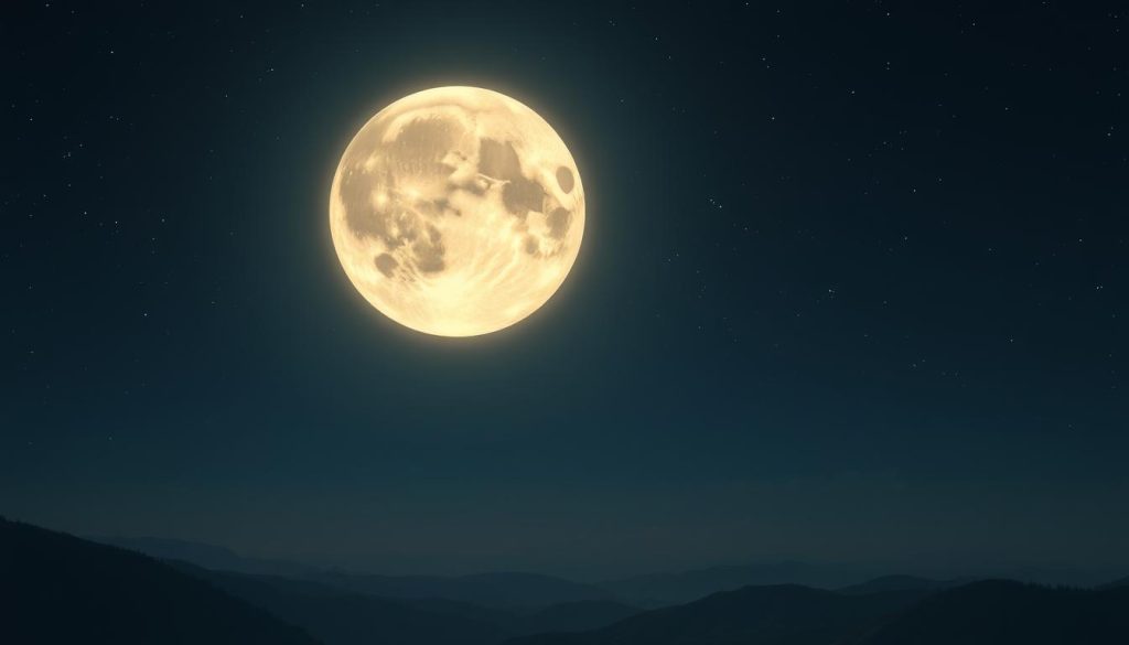 A detailed, high-resolution digital photograph of a full moon hovering in a serene, starry night sky. The moon is illuminated with a warm, ethereal glow, casting a soft, silvery light over a tranquil landscape below. The foreground features rolling hills or mountains, with a few wispy clouds drifting peacefully across the frame. The composition is balanced, with the moon positioned slightly off-center, allowing for ample negative space. The lighting is natural and atmospheric, creating a calming, contemplative mood. The image is captured with a wide-angle lens, creating a sense of vastness and wonder. Overall, the photograph evokes a sense of serenity, magic, and the timeless allure of the moon.