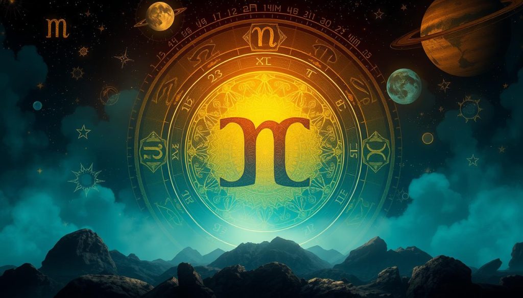 a detailed horoscope sign illustration, with a zodiac symbol in the center, surrounded by astrological elements such as stars, planets, and celestial patterns. The lighting should be moody and atmospheric, with a mix of warm and cool tones. The composition should be balanced and visually engaging, with the horoscope sign as the focal point. The overall mood should convey a sense of mystery, divination, and the mystical nature of astrology.