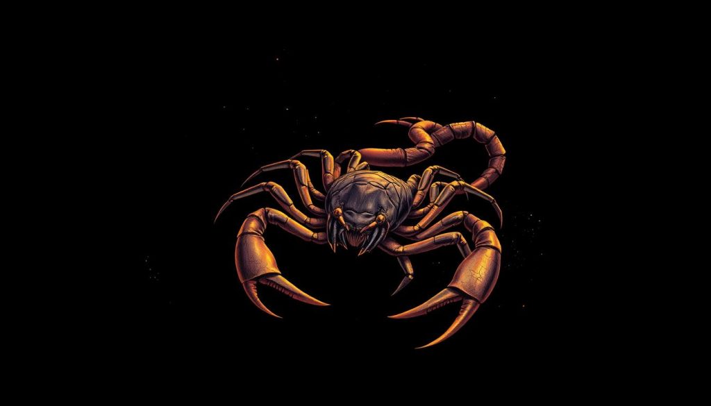 A detailed illustration of the Scorpio zodiac sign, showcasing the iconic scorpion symbol against a dark, moody backdrop. The scorpion's intricate exoskeleton is rendered with meticulous precision, its venomous sting poised and ready. Casting an ominous shadow, the scorpion is illuminated by a warm, amber-hued light that accentuates its sharp lines and menacing presence. The background is a deep, inky blackness, punctuated by the faint glow of distant stars, creating a sense of cosmic mystery and astrological significance. The overall composition conveys the Scorpio's renowned qualities of intensity, passion, and a keen intuitive nature.