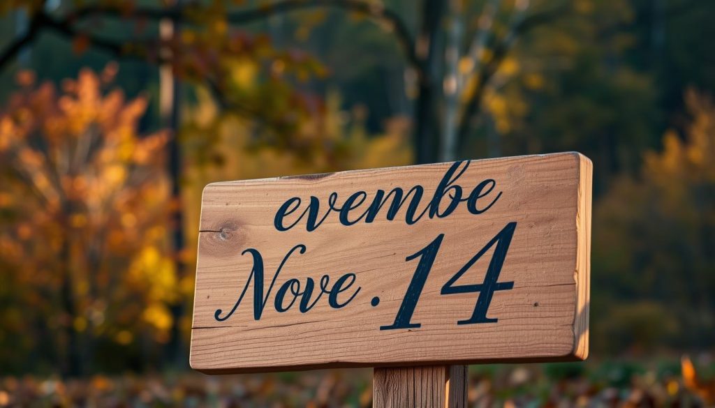 A detailed November 14 sign against a softly blurred autumn landscape. The sign is made of weathered wood with an elegant, hand-painted calligraphic design. The foreground is well-lit, with warm, natural lighting creating subtle shadows and highlights. The background features a lush, colorful forest with gently swaying trees, hinting at the changing seasons. The overall mood is one of quiet contemplation and the passage of time. The composition is balanced and visually striking, inviting the viewer to pause and appreciate the simple beauty of this commemorative marker.