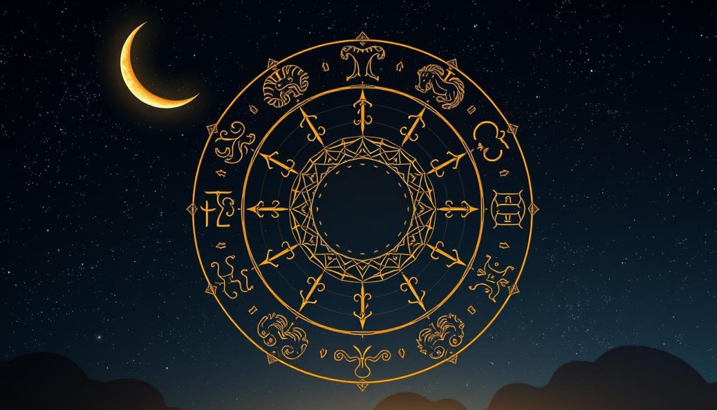 A detailed, photorealistic illustration of western astrology, showcasing the twelve zodiac signs arranged in a circular celestial composition. The background features a starry night sky with a crescent moon, casting a warm, ambient glow. In the foreground, the zodiac symbols are depicted as elegant, ornate icons, each with intricate details and symbolic elements. The overall scene exudes a sense of mysticism and ancient wisdom, capturing the essence of the western astrological tradition.