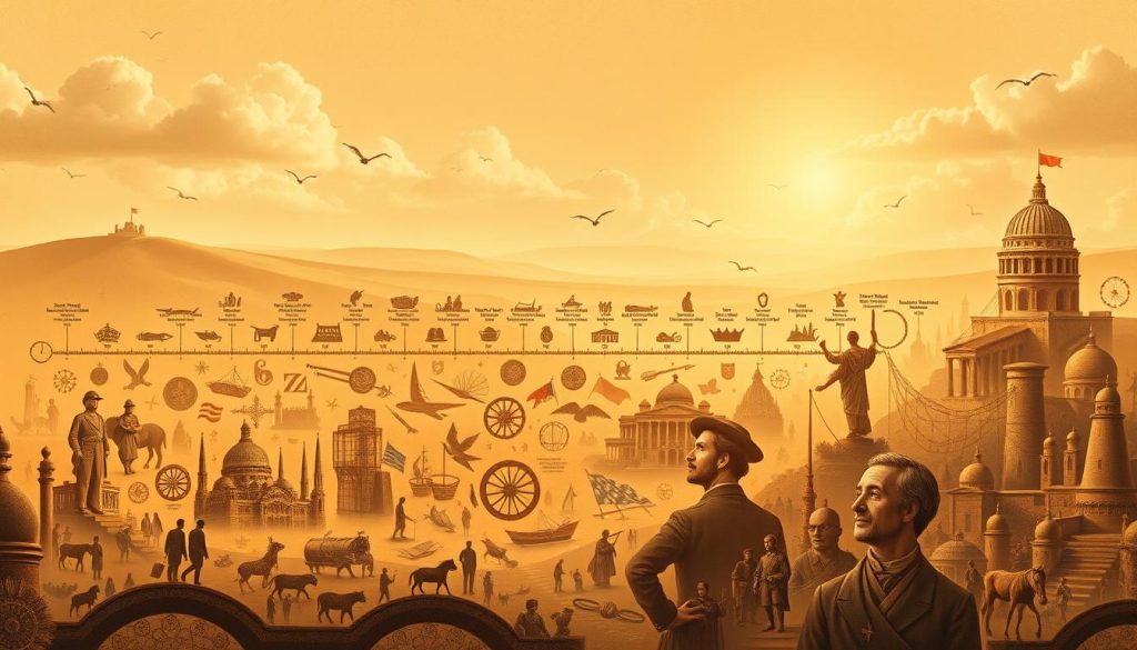 A detailed timeline of historical events, people, and milestones on April 11 through the ages, captured in a rich, vibrant illustration. A grand, sweeping panoramic scene depicting key moments in a warm, sepia-toned vintage aesthetic, with a sense of timelessness and reverence. The foreground features iconic figures, inventions, and cultural landmarks associated with this date, arranged in a cohesive, visually striking composition. The middle ground showcases symbolic imagery and visual metaphors, while the background portrays a hazy, dreamlike landscape with rolling hills, cloudy skies, and a gentle, nostalgic atmosphere. Soft, directional lighting casts a warm, golden glow, evoking a sense of history and contemplation. The entire scene is rendered with a masterful blend of realism, impressionism, and surrealism, inviting the viewer to immerse themselves in the timeless significance of this day.