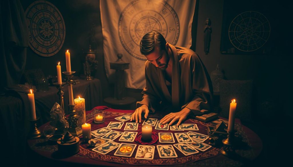A dimly lit room, a tarot reader's table in the center, adorned with mystic symbols and glowing candles. Crystals and astrological charts adorn the space, casting a mesmerizing ambiance. The reader, draped in flowing robes, leans intently over a spread of cards, interpreting the arcane patterns with a pensive expression. The scene is bathed in a soft, warm light, creating an air of mystery and introspection. The tarot reader's hands move with deliberation, as if communing with the unseen forces of the universe. The background fades into a hazy, ethereal blur, focusing the viewer's attention on the captivating ritual unfolding before them.