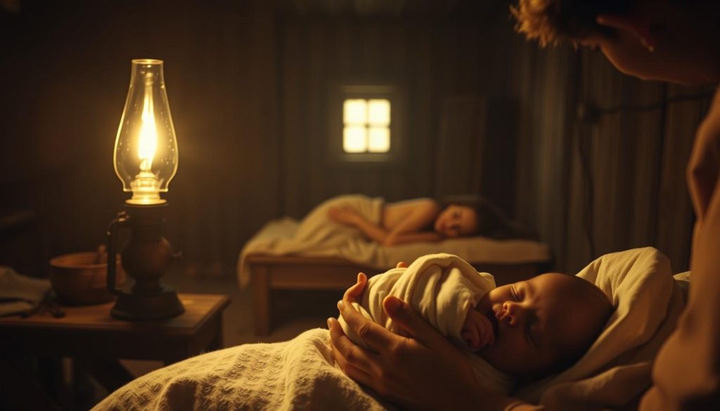 A dimly lit, sepia-toned scene set in the early 20th century. In the foreground, a newborn baby lies swaddled in a soft blanket, cradled in the gentle hands of a midwife. Soft, warm lighting emanates from a flickering oil lamp, casting an intimate glow over the room. In the middle ground, a proud, exhausted mother rests on a simple bed, her expression a mix of joy and relief. The background reveals the modest, rustic setting - wooden beams, a single window, and the silhouettes of loved ones gathered to witness this notable birth. An atmosphere of reverence and wonder pervades the scene, capturing the timeless magic of a new life entering the world.