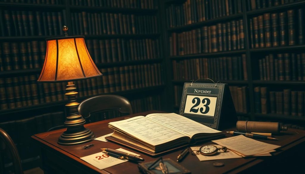 A dimly lit study in an old library, with rows of leather-bound books lining the walls. On a mahogany desk, an antique brass lamp casts a warm glow, illuminating a vintage calendar open to the page for November 23. Scattered around the desk are aged documents, quill pens, and a pocket watch, creating a sense of historical significance. The room is permeated with a cozy, contemplative atmosphere, inviting the viewer to imagine the stories and events that have unfolded on this day throughout history.