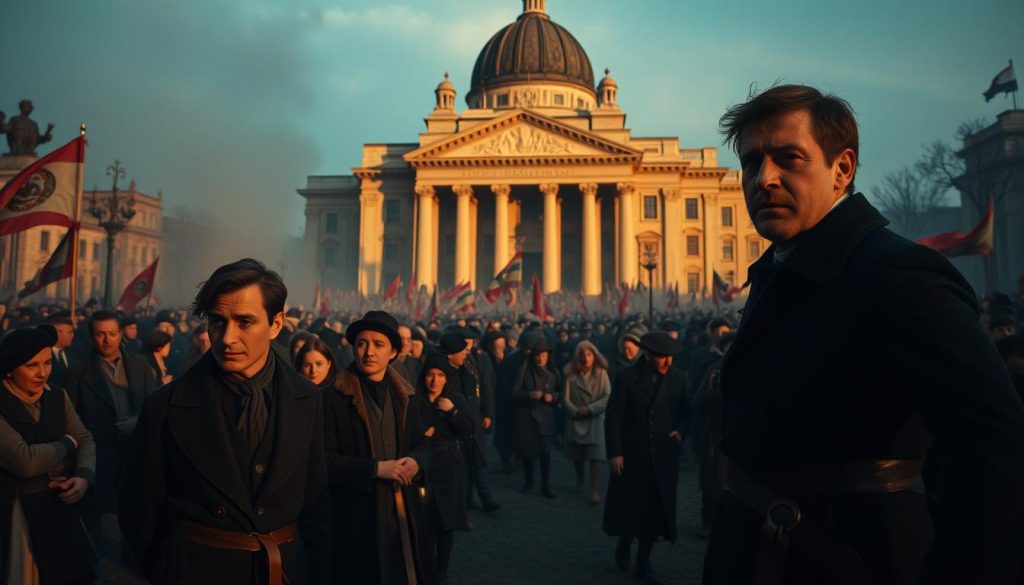 A dramatic, historical scene of November 16 events, captured in a cinematic style. In the foreground, figures in period attire stand amidst the chaos, faces etched with determination. The middle ground is a blur of activity, with crowds surging and flags waving. In the background, a grand, imposing building stands tall, its architecture a testament to the significance of the day's happenings. Soft, dramatic lighting casts long shadows, heightening the sense of drama. The overall atmosphere is one of momentous change, with a palpable energy that fills the frame.