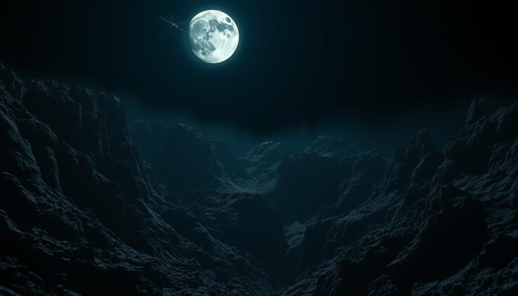 A dramatic lunar landscape at midnight, the full moon high in the inky black sky, casting a cool, ethereal glow over the rugged, cratered terrain below. Towering cliffs and deep crevasses cast long, ominous shadows, creating a sense of mystique and foreboding. The atmosphere is tense and unearthly, as if the moon itself is issuing a subtle "moon alert" warning. A single, solitary satellite orbits the moon, silently monitoring the scene. The lighting is realistic and cinematic, with a touch of sci-fi wonder. Capture this pivotal moment in time, where the moon's power and influence are palpable.