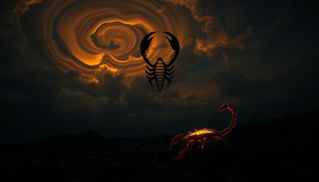 A dramatic night sky, the zodiac sign Scorpio hovering in the center. Swirling, deep-hued clouds with hints of gold and scarlet, casting an otherworldly glow. The Scorpion's iconic tail curves menacingly, its stinger poised to strike. In the foreground, a single, luminous scorpion crawls across a barren, rocky landscape, its exoskeleton gleaming in the ethereal light. The overall mood is one of mysticism, power, and the primal forces of nature. Subtle lens flare effects add to the sense of cinematic grandeur. Dramatic chiaroscuro lighting accentuates the Scorpion's silhouette, creating an ominous, foreboding atmosphere.