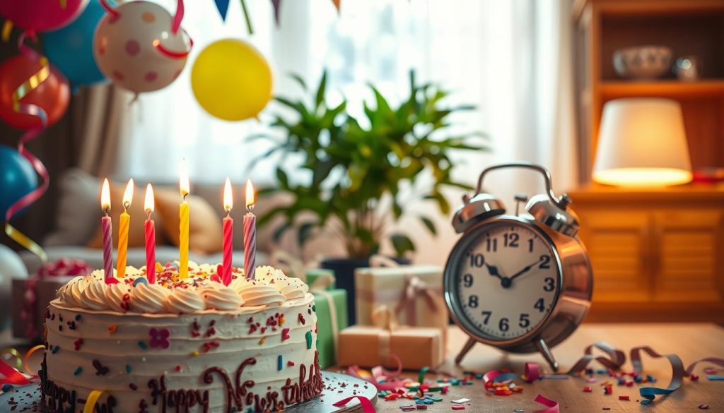 A festive birthday celebration with a vibrant, colorful backdrop. In the foreground, a beautifully decorated birthday cake with lit candles, surrounded by party streamers, balloons, and confetti. In the middle ground, presents wrapped in shiny paper and ribbons, along with a vintage analog alarm clock displaying the date "November 9". The background features a warm, soft-focus scene of a cozy living room with wooden furniture and a lush, lively houseplant. The overall mood is joyful, celebratory, and nostalgic, with natural lighting and a shallow depth of field.