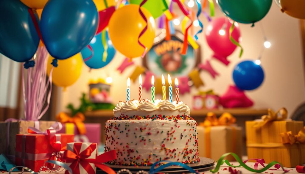 A festive birthday celebration with vibrant balloons, colorful streamers, and a beautifully decorated birthday cake with lit candles. The scene is set in a warm, cozy interior with soft lighting, capturing the joyous and intimate atmosphere of a special day. The focus is on the birthday cake, surrounded by gifts and party decorations, creating a visually engaging and celebratory composition. The image should convey a sense of celebration, nostalgia, and the significance of the occasion.