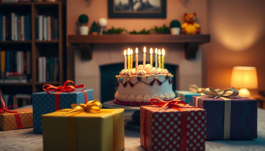 A festively decorated table with a birthday cake, complete with lit candles, surrounded by colorful wrapped gifts. The table is set against a backdrop of a cozy, warm-toned room with a fireplace and bookshelves. Soft, diffused lighting creates a comforting, intimate atmosphere, accentuating the celebratory mood. The cake is the focal point, with a slight angled perspective to highlight the details of the frosting and decorations. The gift boxes in the foreground are varied in size and color, hinting at the joy of discovery. Overall, the scene conveys a sense of celebration, anticipation, and familial togetherness.
