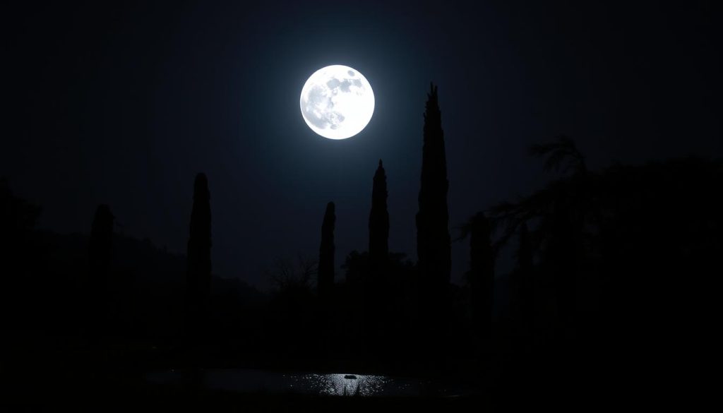 A full moon shines brightly against a dark night sky, casting a soft, otherworldly glow over the landscape below. The moon's silvery light illuminates the silhouettes of towering cypress trees, their twisted branches reaching skyward. In the foreground, a small pond reflects the lunar radiance, its still surface interrupted by the occasional ripple. The air is calm and serene, infused with a sense of mystery and introspection. The overall scene evokes the mystical, introspective qualities associated with the Scorpio zodiac sign, creating a visually captivating representation of the "Scorpio Moon" in its natural, ethereal splendor.