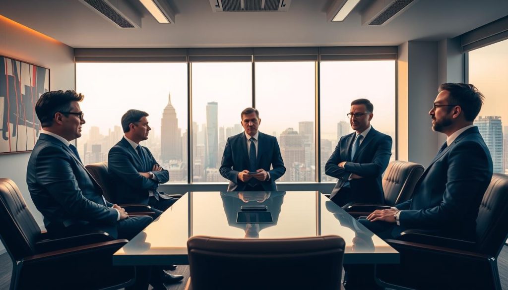 A group of corporate executives gathered in a sleek, modern office boardroom, illuminated by warm, directional lighting that casts dramatic shadows. The five bosses, dressed in crisp, tailored suits, are engaged in a lively discussion, their expressions a mix of focus, determination, and subtle unease as they contemplate an important decision. The room is minimalist and chic, with floor-to-ceiling windows offering a panoramic city skyline backdrop, hinting at the high-stakes environment. Subtle details like a central conference table, leather chairs, and abstract artwork on the walls establish an atmosphere of power, authority, and professional sophistication.