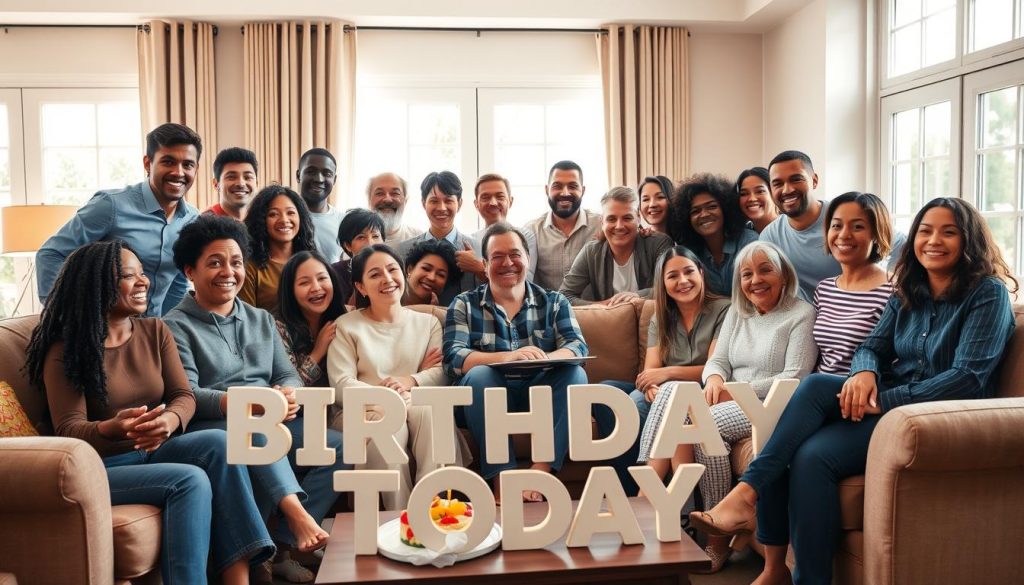 A group of diverse individuals, representing various ages, ethnicities, and backgrounds, gathered together to celebrate the day's birthdays. The scene is set in a warm, inviting living room, with soft natural lighting filtering in through large windows. The subjects are posed casually, some seated on plush couches, others standing and conversing, all with expressions of joy and anticipation. The atmosphere is one of camaraderie and shared excitement, reflecting the special occasion of those born on this particular day. The overall composition creates a sense of community and inclusivity, highlighting the diversity and vitality of the people born today.