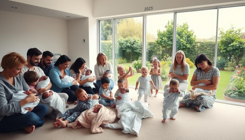 A group of people born on November 12, 2025, gathered in a bright, airy room. The foreground features a diverse array of newborns, swaddled in soft blankets, held by proud parents. In the middle ground, young toddlers explore the space, their playful movements captured in a soft, natural light. The background showcases a serene garden scene, with lush greenery and a calming, overcast sky, creating a sense of tranquility and timelessness. The overall mood is one of wonder, joy, and the celebration of new life.