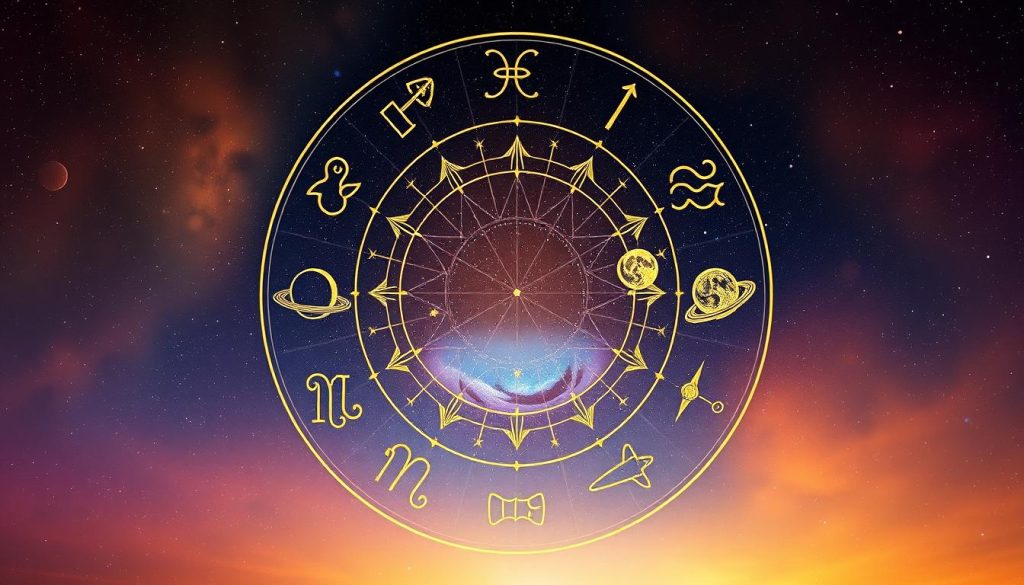 A high-quality astrological illustration depicting the twelve zodiac signs in a harmonious and visually striking composition. The foreground features the twelve zodiac symbols arranged in a circular pattern, with each sign represented by its iconic glyph. The middle ground showcases a detailed, hand-drawn rendering of the celestial bodies - the sun, moon, and planets - in a deep, starry night sky. The background is a vibrant, gradient-filled canvas that complements the astrological theme, creating a sense of depth and mysticism. The lighting is soft and atmospheric, casting a warm, celestial glow across the entire scene. The overall mood is one of wonder, introspection, and a deep connection to the cosmic forces that shape our existence.
