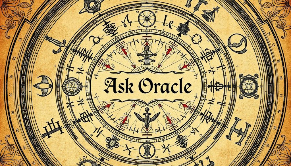 A high-quality astrology chart with a detailed, ornate design showcasing the various astrological elements and symbols. The chart should have a classic, hand-drawn aesthetic with a warm, earthy color palette, creating a sense of mysticism and ancient wisdom. Prominent in the center is a detailed "Ask Oracle" text, surrounded by zodiac signs, planetary symbols, and intricate linework. The overall composition should be balanced and visually captivating, evoking a sense of divination and insight into the day's events, horoscopes, and historical significance.