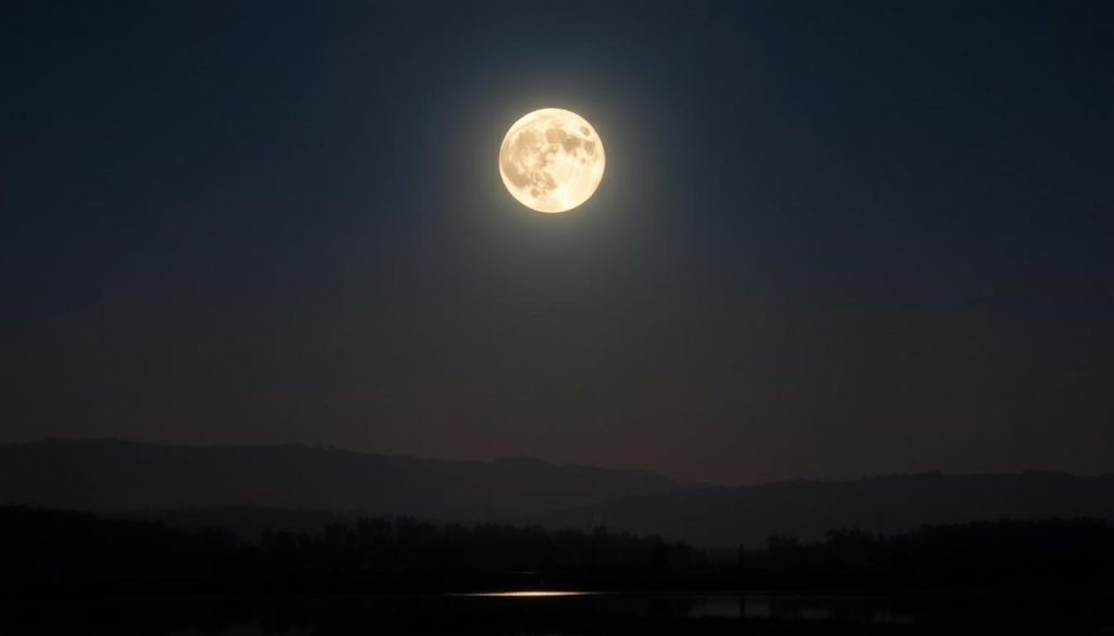 A luminous, full moon rising high above a serene landscape, bathing the world in a soft, ethereal glow. The moon's pearly surface, with its captivating craters and shadows, is reflected in a tranquil lake or pond, creating a mesmerizing, mirror-like effect. In the distance, silhouettes of trees or a gently rolling hillside create a peaceful, atmospheric backdrop, complementing the captivating celestial display. The overall scene conveys a sense of timeless wonder and the quiet majesty of the natural world, perfectly suited to illustrate the "what day is today in history, who was born, whose day, horoscopes 06.11.2025" section of the article.