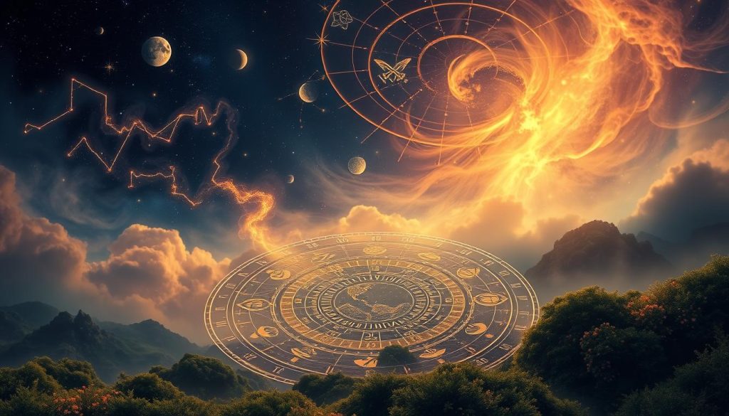A lush, mystical landscape flooded with celestial energy. In the foreground, a breathtaking astrological chart unfolds, its intricate symbols and planetary alignments rendered in vivid detail against a swirling cosmic backdrop. Wisps of nebulae and glowing constellations dance across the midnight sky, creating an enchanting, otherworldly atmosphere. Subtle, warm lighting illuminates the scene, casting a soft, dreamlike glow on the astrological elements. The composition is balanced and harmonious, guiding the viewer's eye through the layers of astrology, numerology, and the phases of the moon. This image perfectly captures the essence of the section on astrology for 11/14/2025.