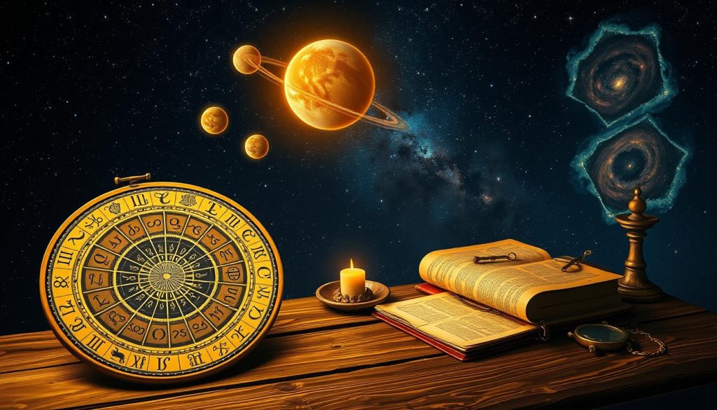 A lush, ornate scene of western astrology on a starry night sky. In the foreground, a detailed zodiac wheel with intricate symbols representing the twelve signs. Glowing celestial orbs and planets float above, casting a warm, mystic light. In the middle ground, ancient astrological instruments and tomes lie on a weathered wooden table, hinting at the deep history of this esoteric practice. The background features a vast, starry expanse, with swirling galaxies and nebulae visible in the distance, conveying the grand, cosmic scale of astrology. The overall mood is one of reverence, mystery, and timeless wisdom.
