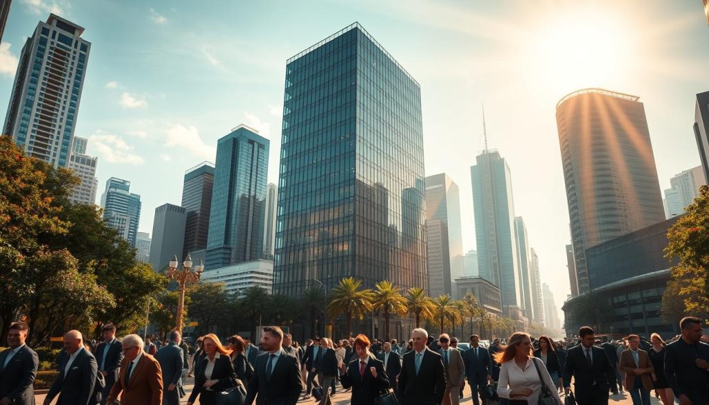 A lush, vibrant cityscape with towering skyscrapers in the background, their windows gleaming in the warm, golden sunlight. In the foreground, a bustling financial district teeming with well-dressed professionals hurrying to and fro, briefcases in hand. Rays of light filter through the scene, casting an air of opportunity and prosperity. In the middle ground, a modern, glass-fronted office building stands tall, its sleek design and minimalist aesthetic exuding a sense of professionalism and success. The overall atmosphere is one of energy, dynamism, and the boundless potential of the day's work and financial possibilities.